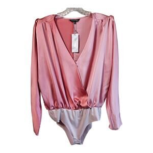 STRUT & BOLT Women L Blouse Bodysuit Satin Mauve Pink Puff Shoulder 46" NEW